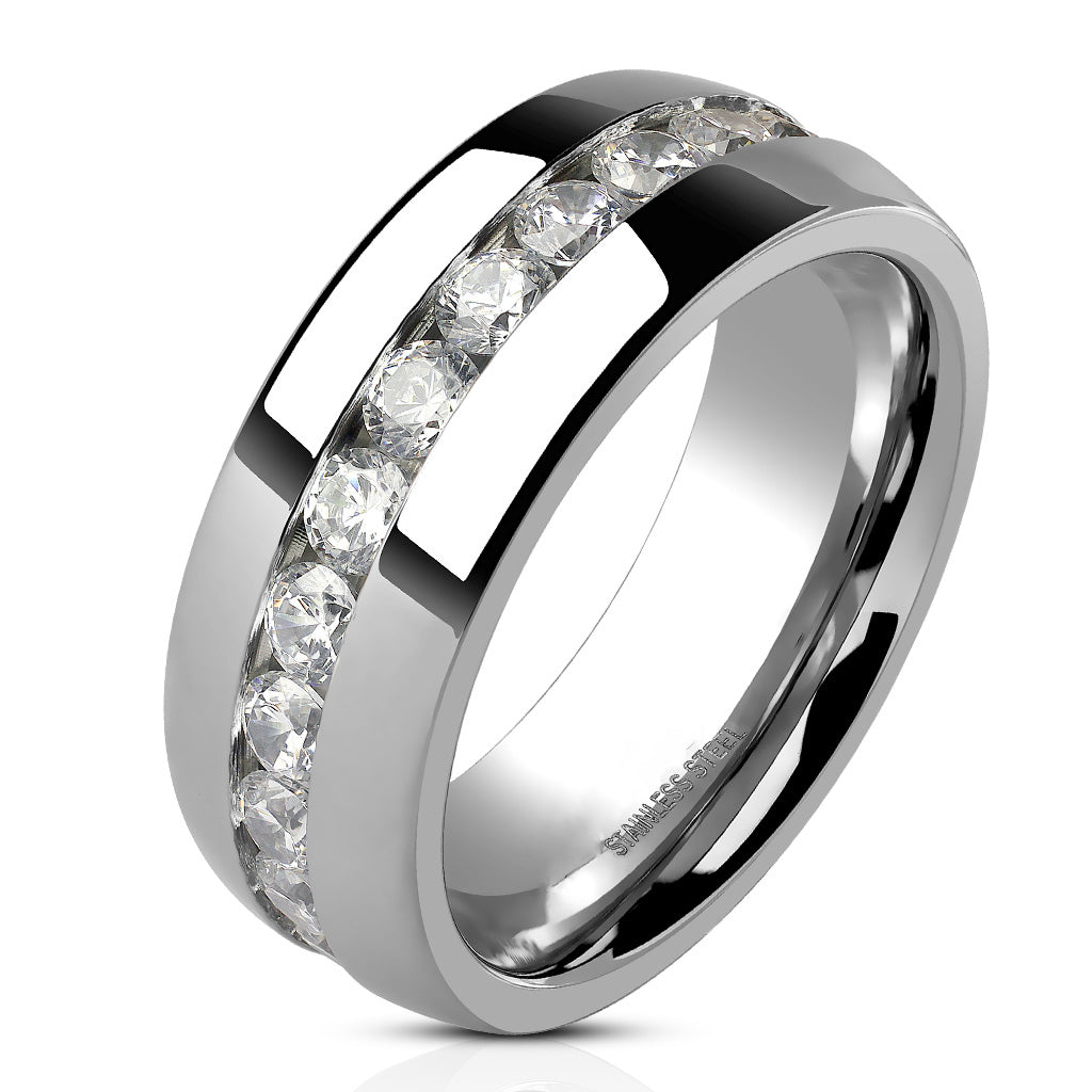ARH1570 Round Cut CZ Stainless Steel Eternity Wedding Ring Band (6 or 8mm Wide) Size 5-13